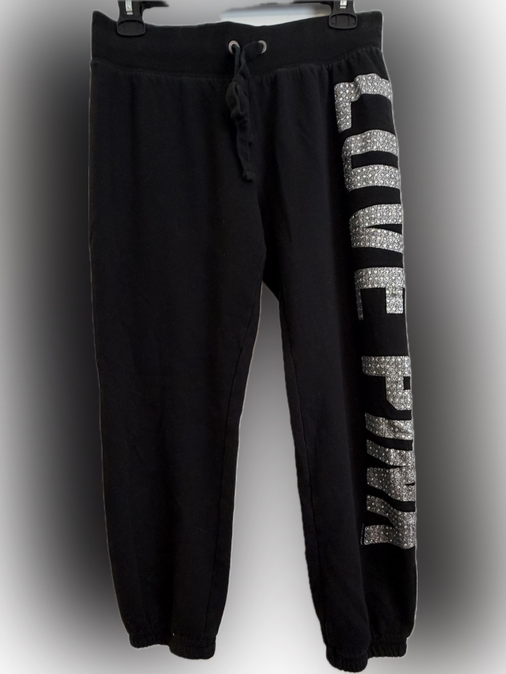 PINK Victoria's Secret Black Joggers with Silver Glitter Side Logo